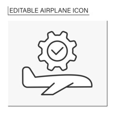  Transport line icon. Plane configurations. Cogwheels. Setting for a comfortable flight. Airplane concept. Isolated vector illustration. Editable stroke
