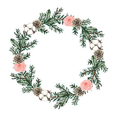 Watercolor round christmas frame with fir branches, pine cones, cottons isolated on white background. Botanical greenery holiday illustration for wedding invitation card design