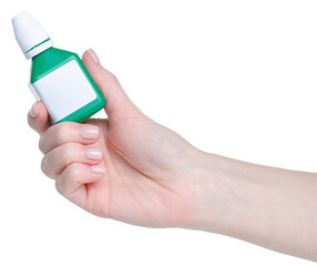 Medicine plastic green bottle healty drug in hand on white background isolation