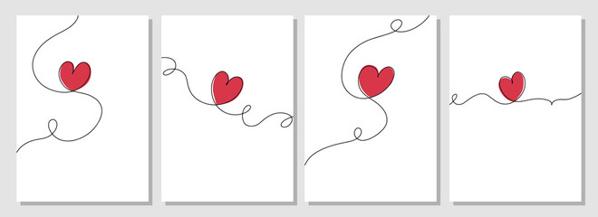 Set of posters with heart. Continuous one line drawing of red heart on white background. Thin line of love icon. EPS10 vector illustration. - obrazy, fototapety, plakaty