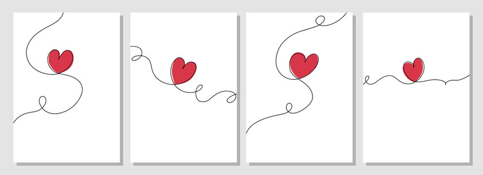 Set of posters with heart. Continuous one line drawing of red heart on white background. Thin line of love icon. EPS10 vector illustration.
