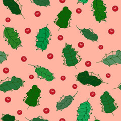 holly leaves and berries, seamless pattern