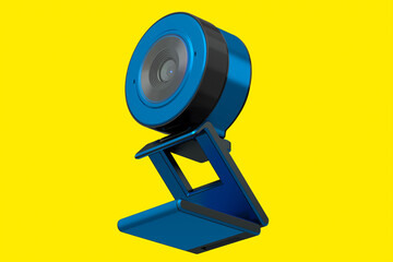 Web camera on stand for online video chat and conference on yellow background