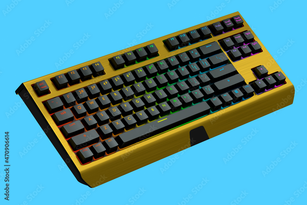 Poster yellow computer keyboard with rgb colors isolated on blue background.