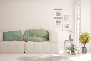 White living room with sofa. Scandinavian interior design. 3D illustration