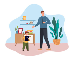 Dad scolds his little son in the living room. Concept of children and parents communication, family relations, parenting. Flat cartoon vector illustration