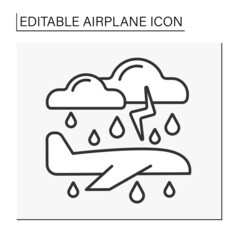  Transport line icon. Plane inside a lightstorm. Bad weather. Fast passenger transportation. Airplane concept. Isolated vector illustration. Editable stroke