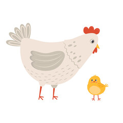 Cute mother hen standing together with her little chick. Chicken family vector illustration in flat style. Farm poultry birds isolated on white background