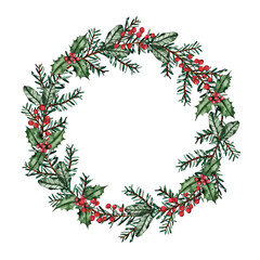 Watercolor round christmas frame with fir branches, berries isolated on white background. Botanical greenery holiday illustration for wedding invitation card design