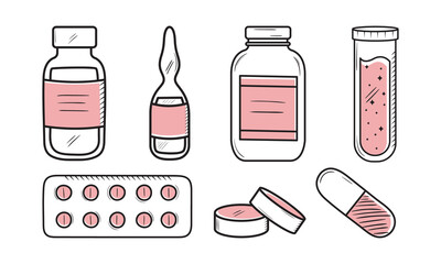 Set of doodle drugstore medicaments. Pills blister, capsule, vitamins, antidepressants, painkillers, antibiotic in line style. Chemical treatment drugs vector sketch illustration