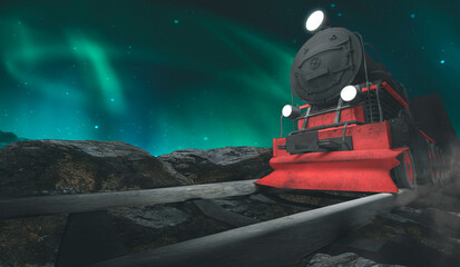 Fototapeta na wymiar Ночная фантазия северное сияние горный пейзаж с поездом. Ночной полярный экспресс. Холодный ночной пейзаж, дым, смог, туман на железной дороге. Иллюстрации 3D. 