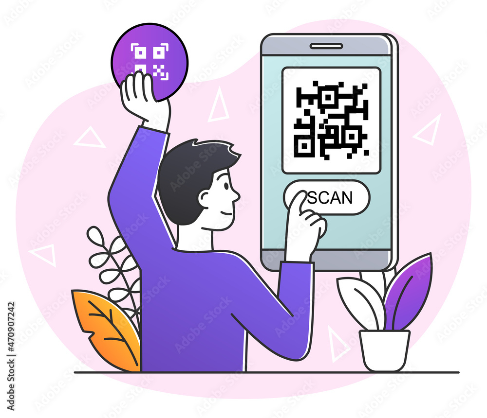 Poster young man is using mobile cashless payment system or scan qr code. concept of using digital banking 