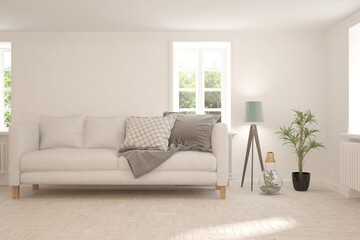 Fototapeta premium White living room with sofa. Scandinavian interior design. 3D illustration