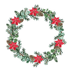 Fototapeta premium Watercolor round christmas frame with fir branches, pine cones, poinsettia flower isolated on white background. Botanical greenery holiday illustration for wedding invitation card design