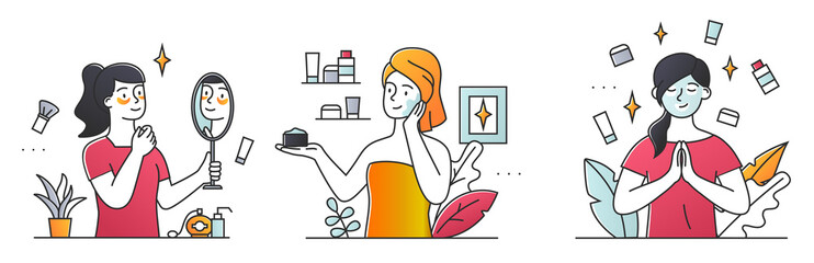 Set with women applying cleansing and moisturizing skincare products. Concept of everyday skin care routine with cleanser and moisturizer. Flat cartoon vector illustration