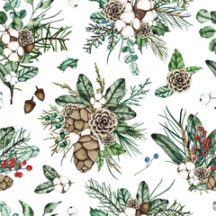 Watercolor winter seamless pattern with christmas bouquets, fir branches, pine cones, cottons isolated on white background. Xmas new year holiday illustration for fabric textile