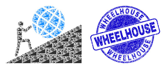 Vector man rolling globe up icon composition is designed of randomized self man rolling globe up icons. Wheelhouse textured blue round seal imitation. © Evgeny