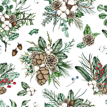 Watercolor winter seamless pattern with christmas bouquets, fir branches, pine cones, cottons isolated on white background. Xmas new year holiday illustration for fabric textile © madiwaso