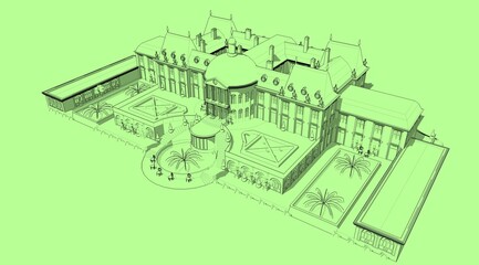 Silhouettes of a French old luxury palace	