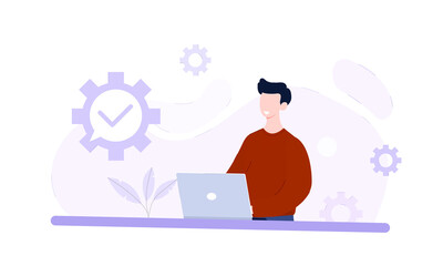 Young businessman is working on his laptop at work. Concept of business idea. Man is working with gear elements around. Flat cartoon vector illustration