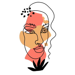 Creative contemporary woman face and floral elements one continuous line drawing. Line art . Abstract modern female portrait painted in minimalistic style with leaves. Vector illustration.