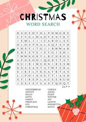 Christmas word search puzzle.  Holiday crossword  worksheet, find 16 hidden words. Party card. Fun printable winter time activities for adults and kids. Vector eps 10