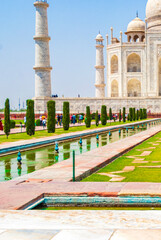 Taj Mahal panorama in Agra India with amazing symmetrical gardens.