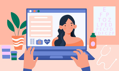 Doctor hands are typing on laptop with patient video call on screen. Concept of therapist consulting patient online. Health care services and online medicine. Flat cartoon vector illustration
