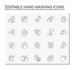 Hand washing line icons set. Rules for cleaning palms. Disinfection. Hygiena concept. Isolated vector illustrations. Editable stroke