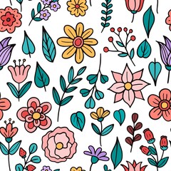 Hand drawn flowers and leaves pattern. Vector illustration