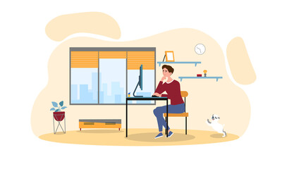 Freelance man is working on computer at home. Concept of working at home. Online study, education from the comfort of your home. Flat cartoon vector illustration