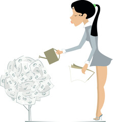 Success in business concept illustration.
Businesswoman holds papers and waters a money tree isolated on white background
