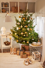 Christmas tree background. Van mobile trailer, mobile home, terrace. New Year celebration. Winter holidays. Christmas morning. Camper van in camp ground, caravan van.