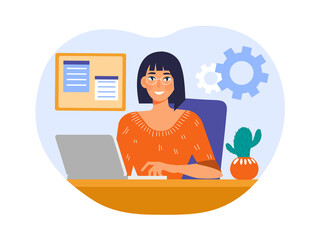 Young smiling woman is working on laptop. Conept of remote working on laptop at home, dressed in home clothes. Online study, education. Flat cartoon vector illustration