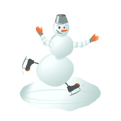 a joyful snowman with a bucket on his head glides merrily on skates.