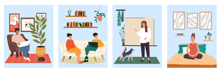 Stay at home set. Collection of pictures with people who spend time in their rome. Coronavirus selfisolation. Taking care of your health responsibility medicine. Cartoon flat vector illustration