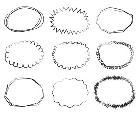 Set of hand drawn frames, comic balloons. Vector line illustration with white background