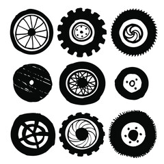 doodle illustrations. wheels from a car, motorcycle, trolley. icons