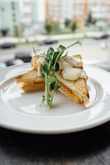 Sandwich with cheese and shreds on a plate. Breakfast