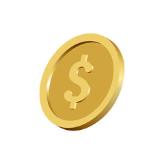 3d gold coin dollar. Color vector illustration, white isolated background.