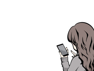 スマホを持つ女性のイラスト_後姿_フレーム