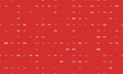 Seamless background pattern of evenly spaced white infinity symbols of different sizes and opacity. Vector illustration on red background with stars