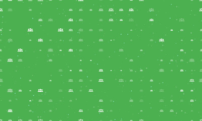 Seamless background pattern of evenly spaced white people symbols of different sizes and opacity. Vector illustration on green background with stars