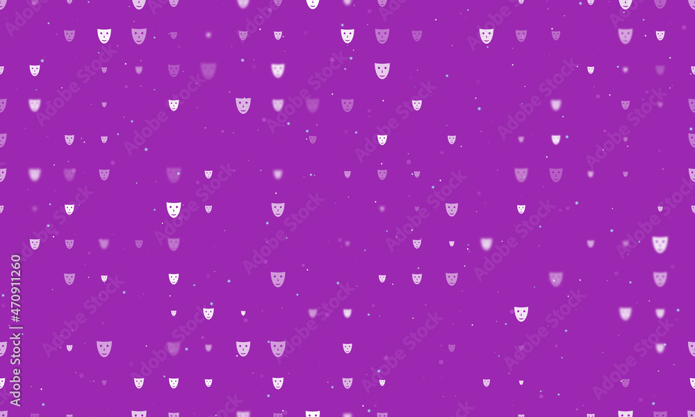Poster seamless background pattern of evenly spaced white theatrical masks of different sizes and opacity. 