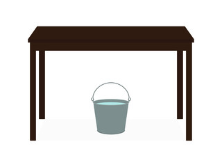 A bucket of water stands under the table on a white background