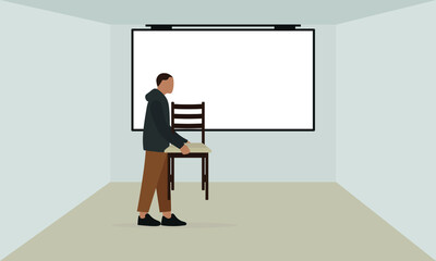 Male character holding a chair in a room with a screen hanging on the wall