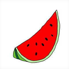 Vector outline illustration of one red and green slice fresh watermelon with black seeds isolated on a white background