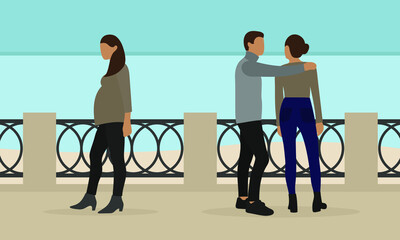 Male character, female character and pregnant female character on the waterfront