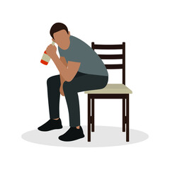 Male character with a bottle of alcohol in his hand sits on a chair on a white background