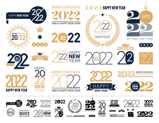 2022 Happy New Year trending logo design set. 2022 Christmas numbers design template. Decoration for new year holidays. Big Collection of 2022 happy New Year symbols. Black vector elements